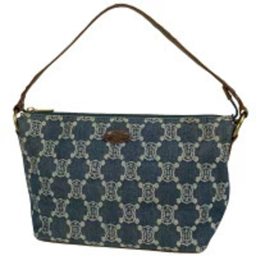 Celine Paris Macadam Shoulder Bag Hobo Handbag Denim Blue Brown